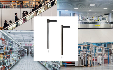 Retractable Belt Barrier Stanchion, Mini Socket Base, Satin Stainless Steel Post, 9 ft Belt - Montour Line MX630SK
