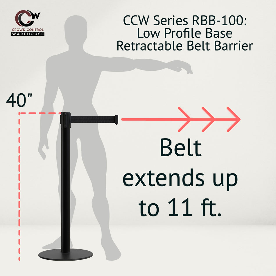 Retractable Belt Barrier Stanchion, Low Profile Steel Base, Black Post,  11 Ft. Belt - Montour Line MX630