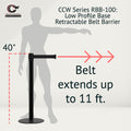 Retractable Belt Barrier Stanchion, Low Profile Steel Base, Black Post,  11 Ft. Belt - Montour Line MX630