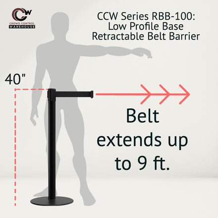 Retractable Belt Barrier Stanchion, Low Profile Steel Base, Black Post, 9 Ft. Belt - Montour Line MX630