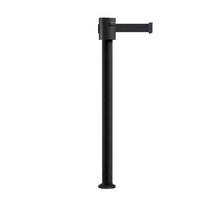 Retractable Belt Barrier Stanchion, Fixed Base, Black Powder Coated Post, 35 ft Belt - Montour Line MX760F