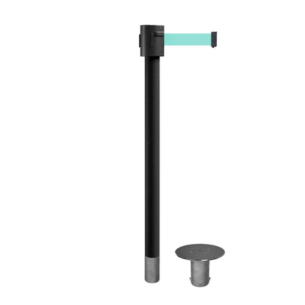 Retractable Belt Barrier Stanchion, Removable Base, Black Powder Coated Post, 35 ft Belt - Montour Line MX760R