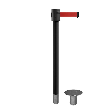 Retractable Belt Barrier Stanchion, Removable Base, Black Powder Coated Post, 35 ft Belt - Montour Line MX760R