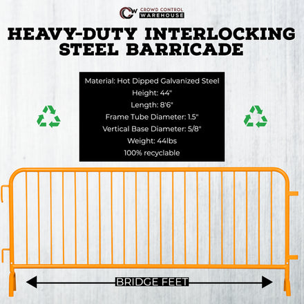 Heavy Duty Interlocking Steel Barricade, 8.5 Ft., Safety Orange - Angry Bull Barricades