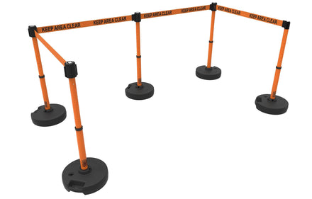 Set of 5 Banner Stakes PLUS Line Stanchions with 15 ft Belt Head, Stake, and Base