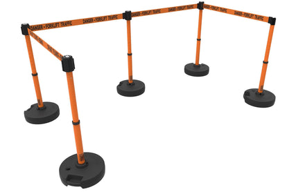 Set of 5 Banner Stakes PLUS Line Stanchions with 15 ft Belt Head, Stake, and Base