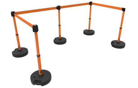 Set of 5 Banner Stakes PLUS Line Stanchions with 15 ft Belt Head, Stake, and Base