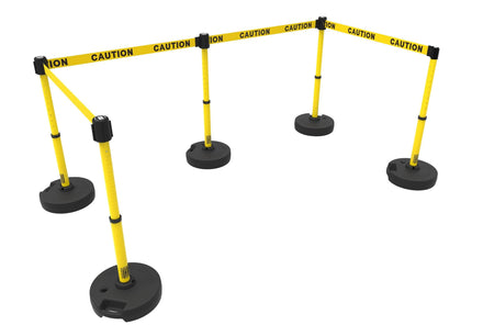 Set of 5 Banner Stakes PLUS Line Stanchions with 15 ft Belt Head, Stake, and Base