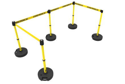 Set of 5 Banner Stakes PLUS Line Stanchions with 15 ft Belt Head, Stake, and Base