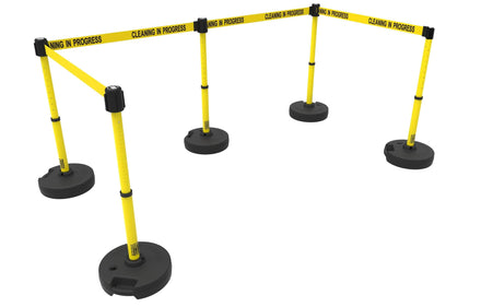 Set of 5 Banner Stakes PLUS Line Stanchions with 15 ft Belt Head, Stake, and Base