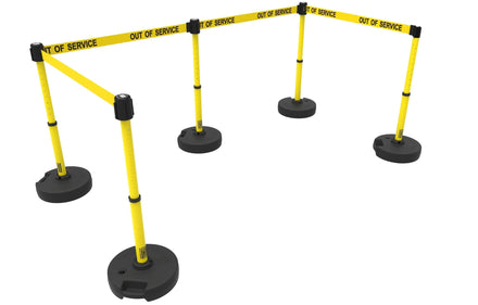 Set of 5 Banner Stakes PLUS Line Stanchions with 15 ft Belt Head, Stake, and Base