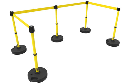 Set of 5 Banner Stakes PLUS Line Stanchions with 15 ft Belt Head, Stake, and Base