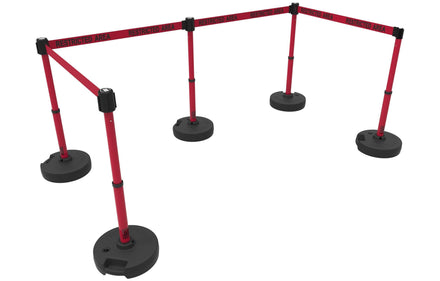 Set of 5 Banner Stakes PLUS Line Stanchions with 15 ft Belt Head, Stake, and Base