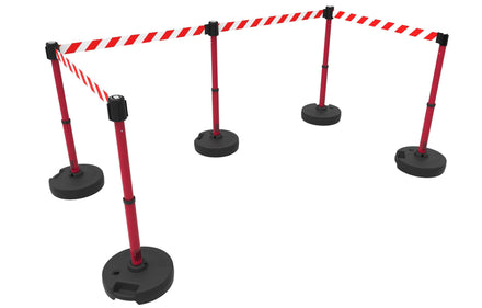 Set of 5 Banner Stakes PLUS Line Stanchions with 15 ft Belt Head, Stake, and Base