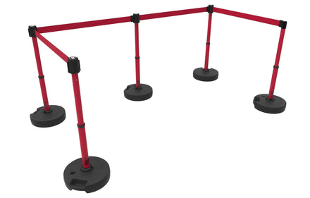 Set of 5 Banner Stakes PLUS Line Stanchions with 15 ft Belt Head, Stake, and Base