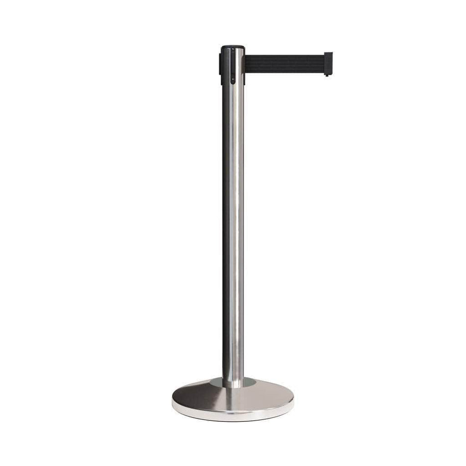 CCW Series RBB-100 Retractable Belt Barrier Polished Stainless Steel Post - 11 Ft. Belt
