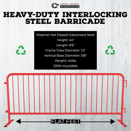 Heavy Duty Interlocking Steel Barricade, 8.5 Ft., Red - Angry Bull Barricades