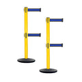 Retractable Dual Belt Belt Barrier Safety Stanchion, Yellow Post, Cast Iron Base, 9 Ft. Belt - Montour Line MSI630D