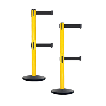 Retractable Dual Belt Belt Barrier Safety Stanchion, Yellow Post, Cast Iron Base, 7.5 Ft. Belt - Montour Line MSI630D