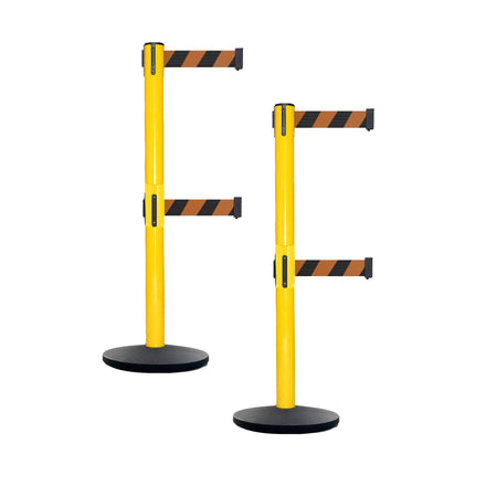 Retractable Dual Belt Belt Barrier Safety Stanchion, Yellow Post, Cast Iron Base, 7.5 Ft. Belt - Montour Line MSI630D