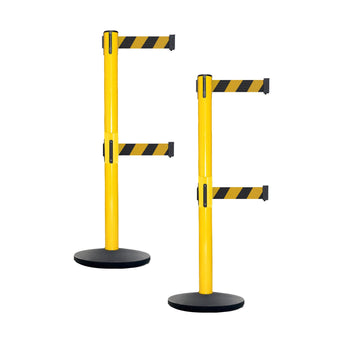 Retractable Dual Belt Belt Barrier Safety Stanchion, Yellow Post, Cast Iron Base, 9 Ft. Belt - Montour Line MSI630D