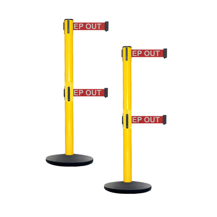 Retractable Dual Belt Belt Barrier Safety Stanchion, Yellow Post, Cast Iron Base, 7.5 Ft. Belt - Montour Line MSI630D