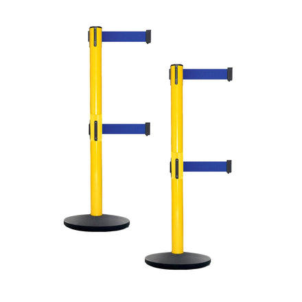 Retractable Dual Belt Belt Barrier Safety Stanchion, Yellow Post, Cast Iron Base, 7.5 Ft. Belt - Montour Line MSI630D