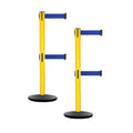 Retractable Dual Belt Belt Barrier Safety Stanchion, Yellow Post, Cast Iron Base, 9 Ft. Belt - Montour Line MSI630D
