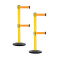 Retractable Dual Belt Belt Barrier Safety Stanchion, Yellow Post, Cast Iron Base, 9 Ft. Belt - Montour Line MSI630D