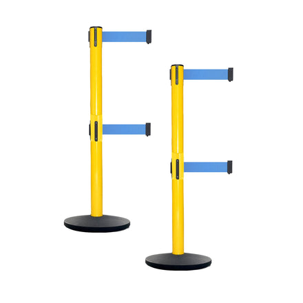 Retractable Dual Belt Belt Barrier Safety Stanchion, Yellow Post, Cast Iron Base, 7.5 Ft. Belt - Montour Line MSI630D