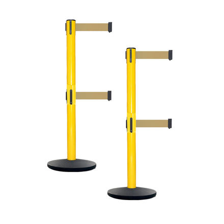 Retractable Dual Belt Belt Barrier Safety Stanchion, Yellow Post, Cast Iron Base, 9 Ft. Belt - Montour Line MSI630D
