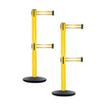 Retractable Dual Belt Belt Barrier Safety Stanchion, Yellow Post, Cast Iron Base, 9 Ft. Belt - Montour Line MSI630D
