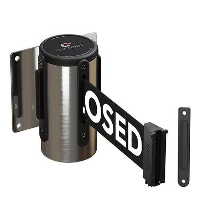 Wall Mounted Retractable Belt Barrier Fixed, Polished Stainless Steel Case, 8.5 and 11 Ft. Belt - CCW Series WMB-120