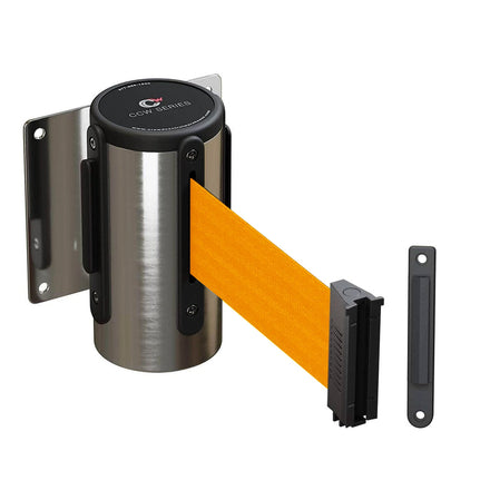 Wall Mounted Retractable Belt Barrier Fixed, Polished Stainless Steel Case, 8.5 and 11 Ft. Belt - CCW Series WMB-120