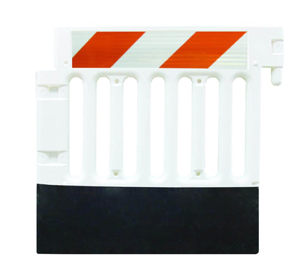 White ADA Pedestrian Barricade with reflective tape and base