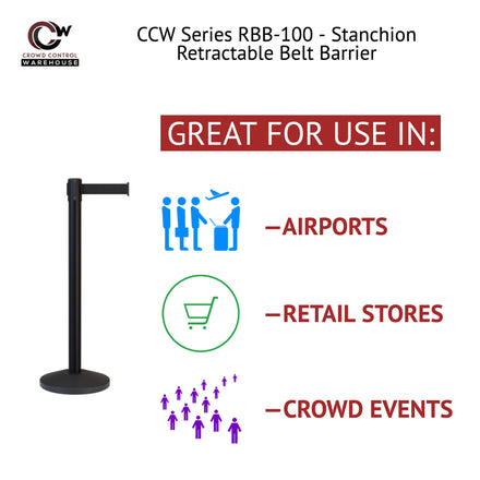 Retractable Belt Barrier Stanchion, Black Post, 12 Ft. Belt - CCW Series RBB-100