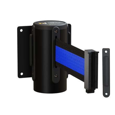 Wall Mounted Retractable Belt Barrier Fixed, Black Steel Metal Case with Standard Belt End, 13 ft Belt - Montour Line WM115