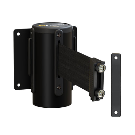 Wall Mounted Retractable Belt Barrier, Recessed Black Metal Case with Magnetic Belt End, 11 ft Belt - Montour Line WM115