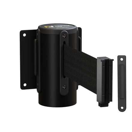 Wall Mounted Retractable Belt Barrier Fixed, Black Steel Metal Case with Standard Belt End, 13 ft Belt - Montour Line WM115