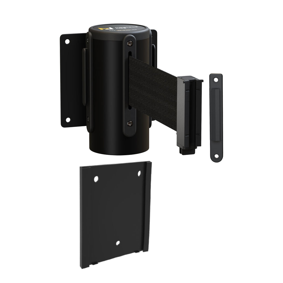 Wall Mounted Retractable Belt Barrier with Removable Plate, Black Steel Metal Case with Standard Belt End, 11 ft Belt - Montour Line WM115