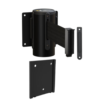 Wall Mounted Retractable Belt Barrier with Removable Plate, Black Steel Metal Case with Standard Belt End, 11 ft Belt - Montour Line WM115