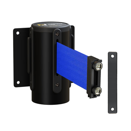 Wall Mounted Retractable Belt Barrier, Magnetic Mount, Black Casing with Magnetic Belt End, 11 ft Belt - Montour Line WM115