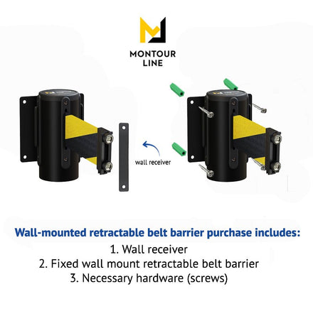 Wall Mounted Retractable Belt Barrier Fixed, Black Metal Case with Magnetic Belt End, 8.5 ft Belt - Montour Line WM115
