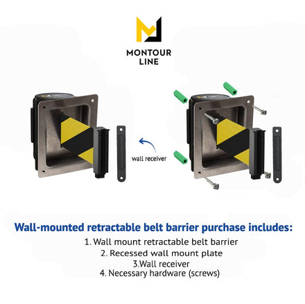Wall Mounted Retractable Belt Barrier, Recessed Polished Stainless Steel Metal Case with Standard Belt End, 13 ft Belt - Montour Line WM115