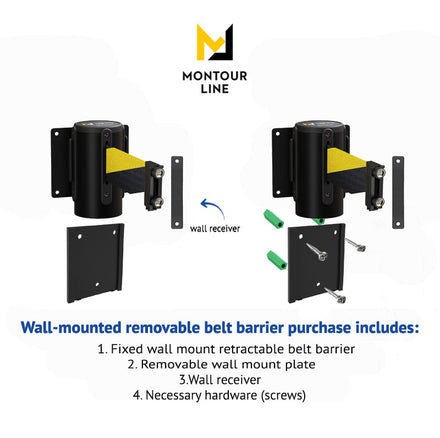 Wall Mounted Retractable Belt Barrier with Removable Plate, Black Steel Metal Case with Magnetic Belt End, 13 ft Belt - Montour Line WM115
