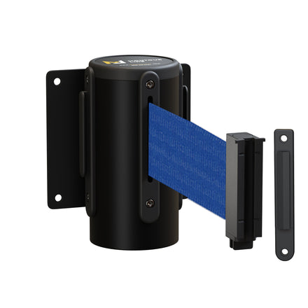 Wall Mounted Retractable Belt Barrier Fixed, Black Steel Metal Case with Standard Belt End, 13 ft Belt - Montour Line WM115