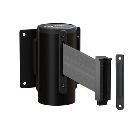 Wall Mounted Retractable Belt Barrier Fixed, Black Steel Metal Case with Standard Belt End, 13 ft Belt - Montour Line WM115
