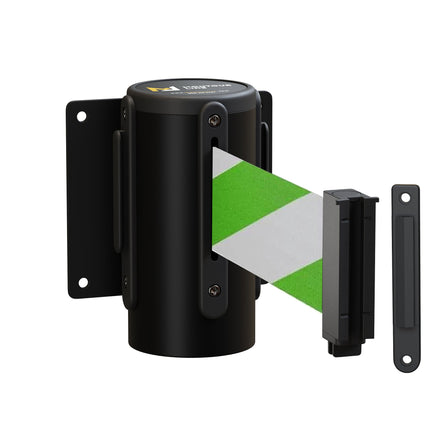 Wall Mounted Retractable Belt Barrier, Fixed Mount, Black Casing with Standard Belt End, 11 ft Belt - Montour Line WM115