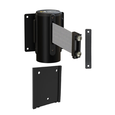 Wall Mounted Retractable Belt Barrier with Removable Plate, Black Steel Metal Case with Magnetic Belt End, 8.5 ft Belt - Montour Line WM115