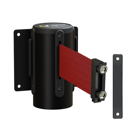 Wall Mounted Retractable Belt Barrier, Magnetic Mount, Black Casing with Magnetic Belt End, 11 ft Belt - Montour Line WM115